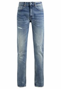 Ljust blå denimjeans med rak passform, med slitna partier, subtila tvättningar och standard femfickorsdesign med metallaccessoarer.