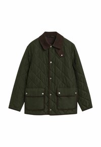 Groene gewatteerde jas met een bruine corduroy kraag, drukknoopsluiting en twee voorzakken met bruine biesafwerking.