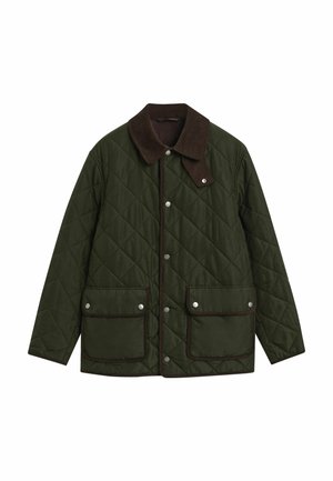 Grüne gesteppte Jacke mit braunem Cordkragen, Druckknopfverschluss und zwei Vordertaschen mit brauner Besatzdetail.