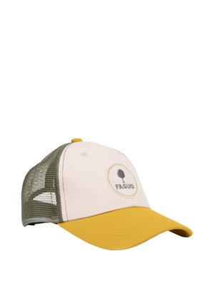 Casquette de baseball avec visière jaune, panneau avant blanc ornée d'un logo d'arbre et du texte "FAGUO", et panneaux arrière en mesh vert.