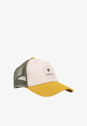 Casquette de baseball avec visière jaune, panneau avant blanc ornée d'un logo d'arbre et du texte "FAGUO", et panneaux arrière en mesh vert.