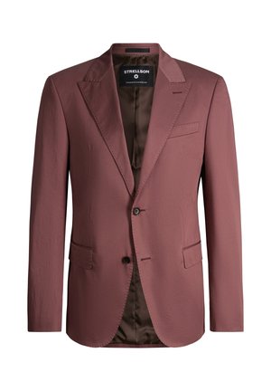 Blazer su misura da uomo color malva con rever a incavo, due tasche frontali con patta, una tasca sul petto e chiusura con due bottoni, sbottonato.