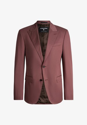 Maßgeschneiderter Herrenblazer in Mauve mit Kerbkragen, zwei vorderen Klappentaschen, einer Brusttasche und Zweiknopfverschluss, offen getragen.