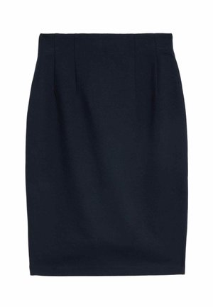 Navyblauwe kokerrok tot op de knie met een rechte snit en subtiele naaddetails bij de taille.