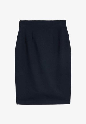 Navyblauwe kokerrok tot op de knie met een rechte snit en subtiele naaddetails bij de taille.