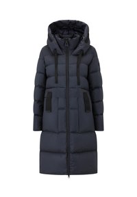 Giacca imbottita blu navy con cappuccio, chiusura frontale con zip, due grandi tasche e fasce nere. Tessuto liscio con design trapuntato. Maniche lunghe.