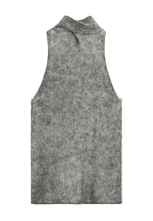 Ærmeløs grå strikvest med høj, løs turtleneck-krave, vist fladt på en hvid baggrund.