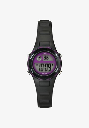 Digitaalne randmeuus kell musta kummiribaga ja ümmarguse musta korpusega. Omab lillakaid detaile, digitaalset ekraani ja veekindlust kuni 30 meetrit.