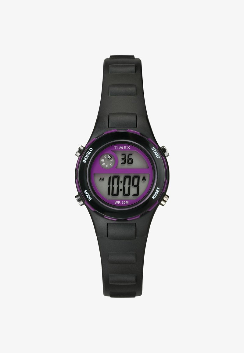 Digitālais rokas pulkstenis ar melnu gumijas siksniņu un apaļu melnu korpusu. Ar purpura akcentiem, digitālo displeju un ūdens izturību līdz 30 metriem.