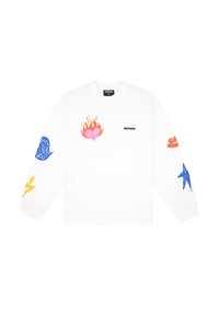 Felpa bianca a maniche lunghe con stampe grafiche colorate: un cuore rosa con fiamme, labbra blu e rosse, una stella blu e fulmini gialli.