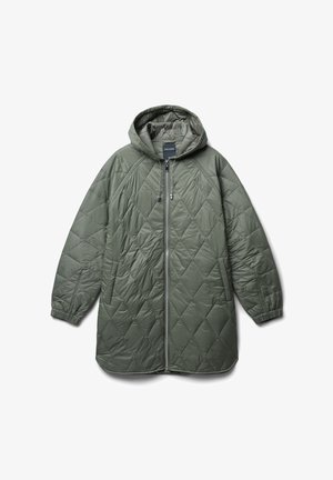 Green quilted long jacket with a hood, featuring a full zipper, elastic cuffs, and a diamond pattern. Smooth fabric texture.