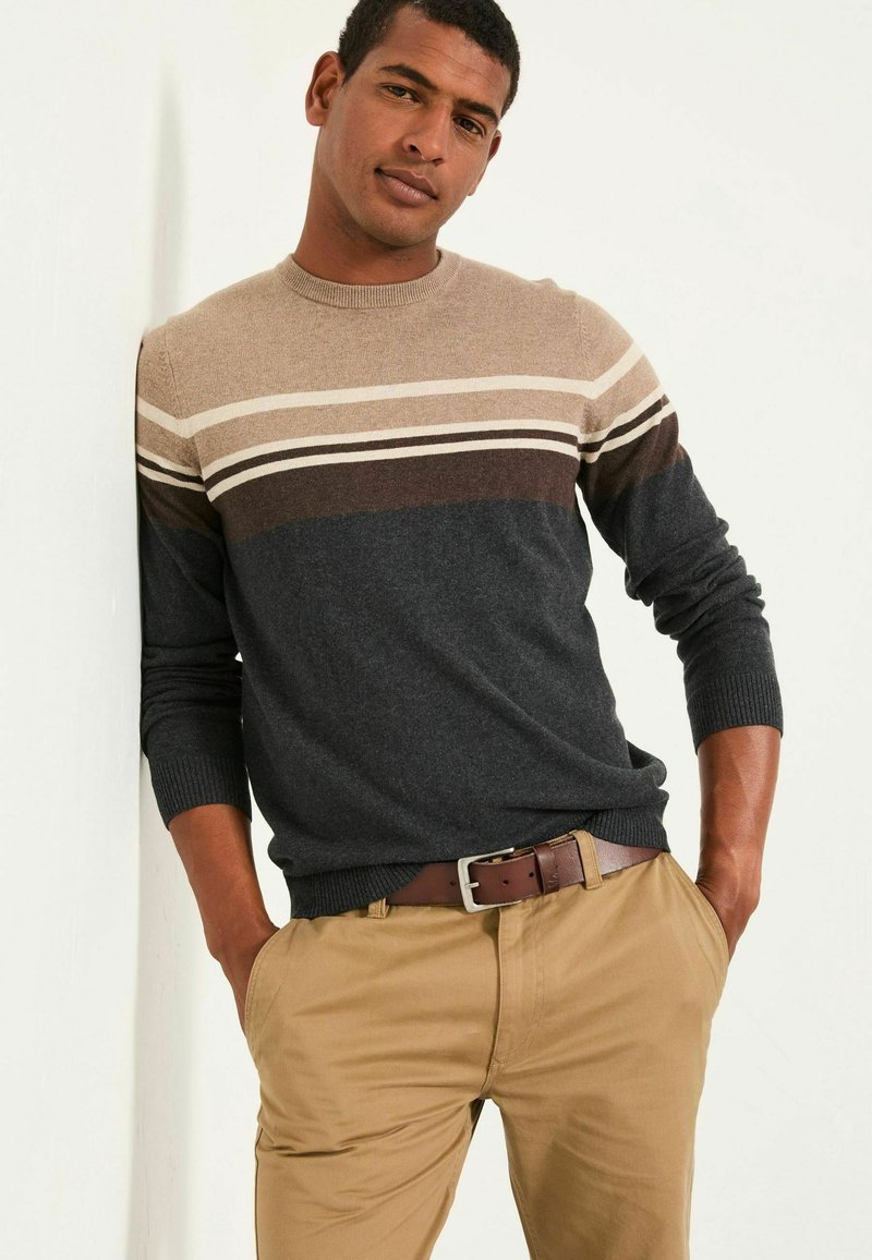 Strickpullover in beige, braun und dunkelgrauen Streifen, mit rundem Halsausschnitt und langen Ärmeln. Kombiniert mit khakifarbener Hose und braunem Gürtel.