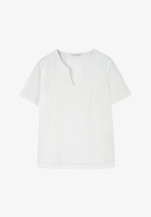 Valge lühikeste varrukatega topp V-kaelusega ja õrnade lehe tikanditega ees. Sile kangas, mugav lõige ja sirge alläär.