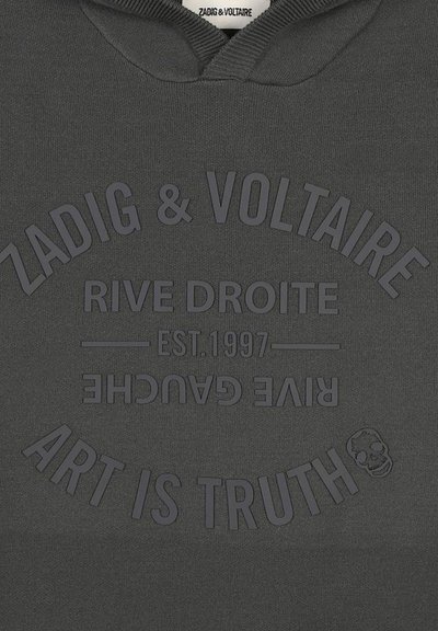 Donkergrijze hoodie met verhoogde tekst: "ZADIG & VOLTAIRE," "RIVE DROITE," "EST. 1997," en "ART IS TRUTH." Inclusief accent van een schedelafbeelding.