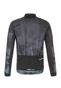 Fietsjack met lange mouwen in het zwart, voorzien van een gestructureerd grijs camouflagepatroon, met een achterzak en een elastische zoom voor een veilige pasvorm.