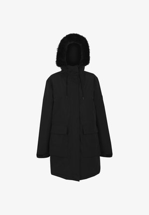 Black winter parka with fur-trimmed hood, front zipper covered by flap, large flap pockets, and long sleeves with adjustable cuffs.