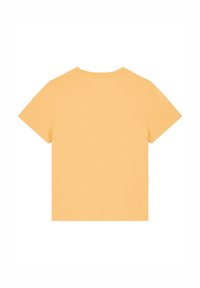 Korte mouwen T-shirt van lichtgele katoen. Heeft een ronde hals en een eenvoudige, ongeversierde achterkant met een gladde textuur.