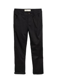 Chinos de algodón negro con un diseño de pierna recta, que cuentan con bolsillos frontales, un cierre de un solo botón y puños doblados. Textura suave.
