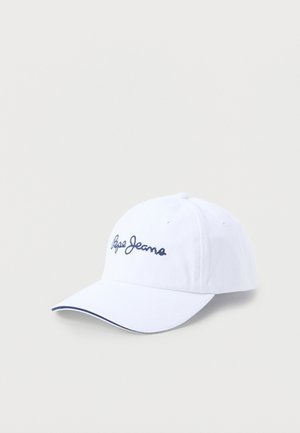 Cappellino da baseball bianco con ricamo del logo "Pepe Jeans" in blu navy e bordo coordinato in blu navy sul bordo della visiera curva.