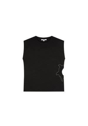 Black sleeveless top made of cotton. Features a cutout design with a scalloped edge, accented with white studs, creating a textured detail.