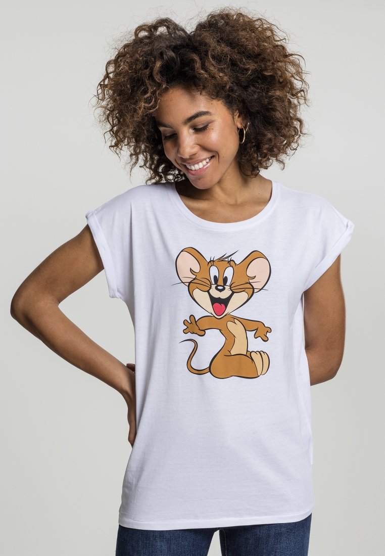 T-shirt en coton blanc présentant une illustration de souris de dessin animé brune avec un grand sourire, à manches courtes et à coupe décontractée.