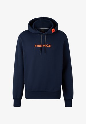 Granatowa bluza z kapturem wykonana z miękkiego materiału, z pomarańczowym logo "FIRE+ICE" na piersi, kapturem ze sznurkiem oraz ściągaczami na mankietach i dole bluzy.