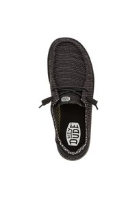 Schwarzer gewebter Slipper mit strukturiertem Obermaterial, elastischen Schnürsenkeln und Gummisohle. Verfügt über ein Logo auf der Innensohle und dekorative Nähte.