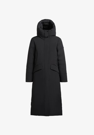 Giacca imbottita lunga nera con collo alto, due grandi tasche frontali e un design elegante e minimalista. Tessuto liscio con finitura opaca.