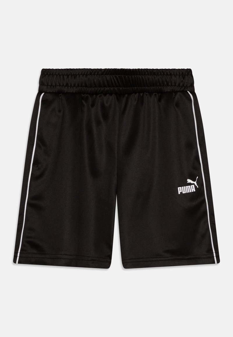 Schwarze Sportshorts aus glattem Material, mit einem elastischen Bund, weißen Seitenstreifen und einem weißen Puma-Logo am unteren rechten Rand.