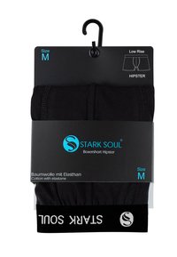 Boxer in cotone nero ed elastan, vita bassa, con logo bianco sull'elastico della vita. Taglia M presente sulla confezione.