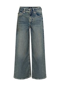 Niebieskie szerokie spodnie dżinsowe z wyblakłym wykończeniem, pięcioma kieszeniami i kontrastowymi szwami. Zapinane na guzik i zamek błyskawiczny, o luźnym kroju.