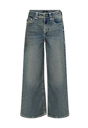 Niebieskie szerokie spodnie dżinsowe z wyblakłym wykończeniem, pięcioma kieszeniami i kontrastowymi szwami. Zapinane na guzik i zamek błyskawiczny, o luźnym kroju.