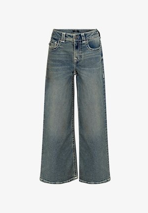 Blauwe denim jeans met wijde pijpen, met vervaagde wassing, vijf zakken en contrasterende stiksels. Voorzien van een knoop- en ritssluiting, met een losse pasvorm.