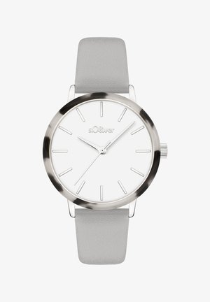 Orologio argento con quadrante bianco, indici orari argento e cinturino in pelle grigio chiaro. Presenta un design minimalista e una cassa rotonda.
