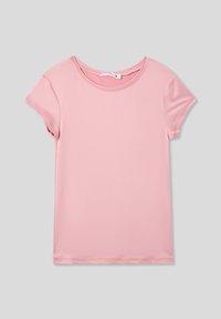 T-shirt rosa a maniche corte realizzato in tessuto morbido, con scollatura rotonda e vestibilità classica con risvolti. Senza motivi né dettagli.