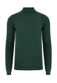 Zielony sweter z golfem, dzianinowy materiał, długie rękawy, ribbowane mankiety i dół, dopasowany krój, gładka faktura, prosty i minimalistyczny styl.