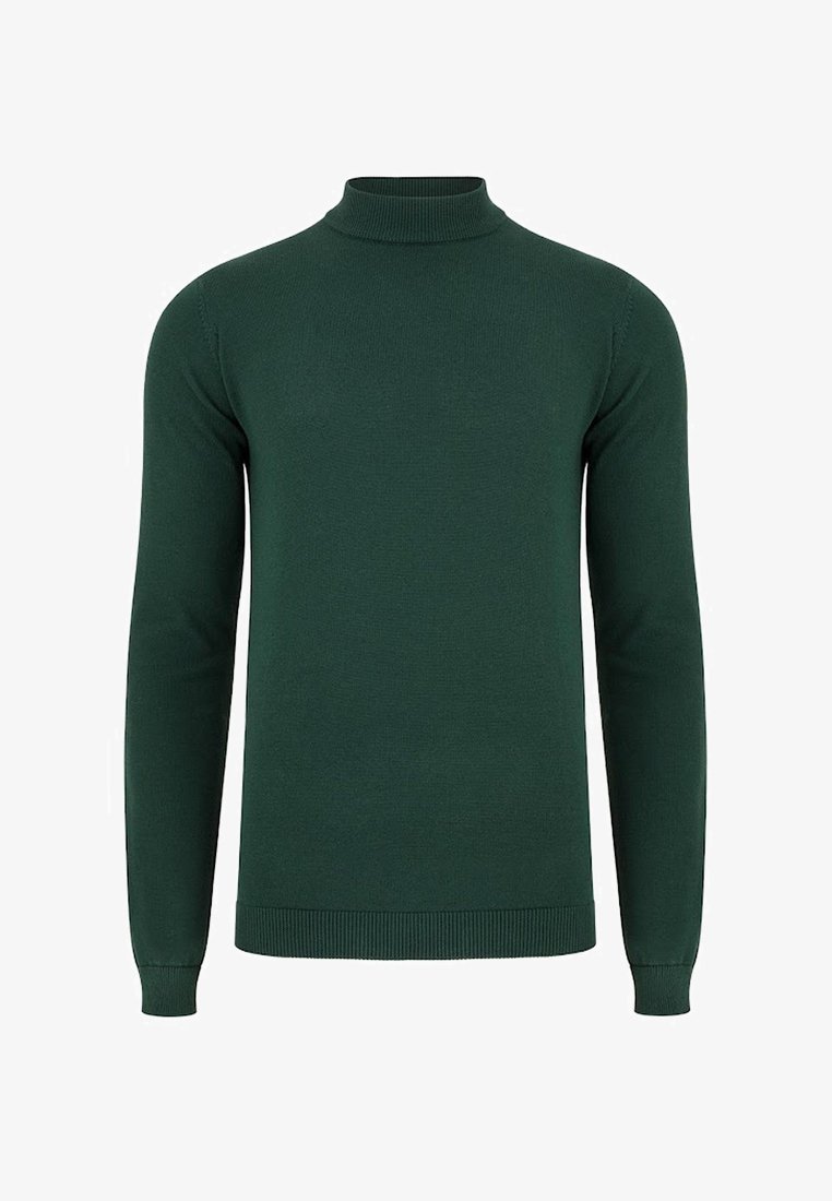 Zielony sweter z golfem, dzianinowy materiał, długie rękawy, ribbowane mankiety i dół, dopasowany krój, gładka faktura, prosty i minimalistyczny styl.