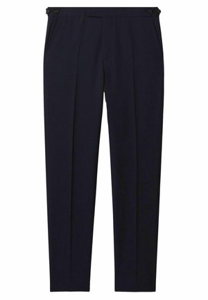 Pantaloni eleganți bleumarin, cu o textură fină, plii în față, buzunare laterale și detalii cu nasturi la talie.