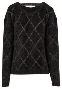 Czarny, puszysty sweter w serek z diamentowym wzorem w złotej nitce. Długie rękawy, teksturowany materiał i krótki krój.