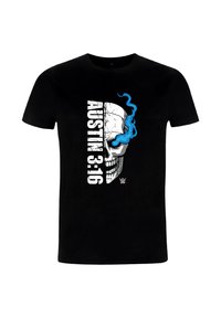 Czarny T-shirt z dużą grafiką czaszki z niebieskim dymem i białym napisem "AUSTIN 3:16" w orientacji pionowej.