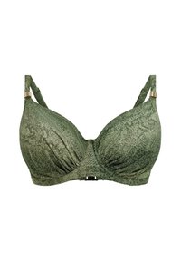 Olijfgroen bh met een gebloemd patroon, onderbreiding ter ondersteuning, geplooide cups en verstelbare bandjes met goudkleurige accenten.