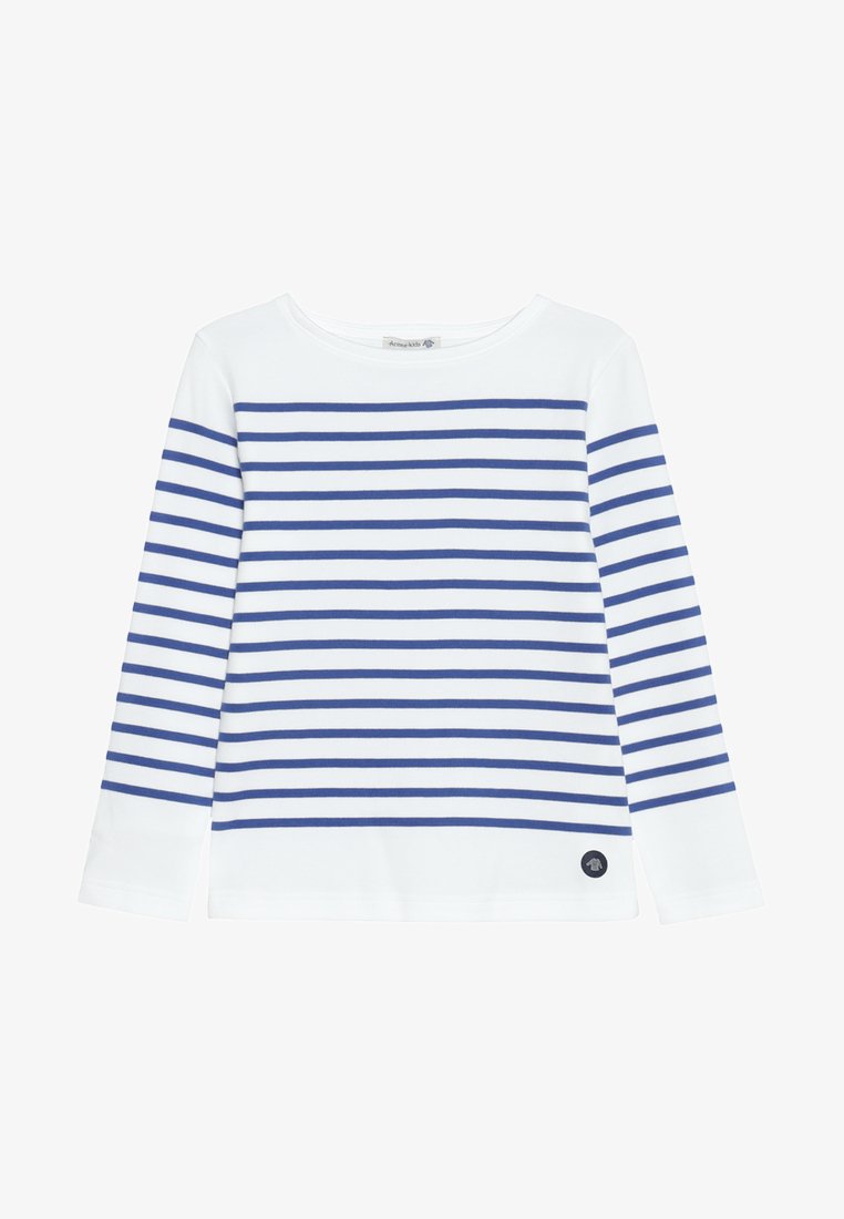 Vit långärmad tröja med rund hals i bomull, med blå horisontella ränder. Har en liten logotyp på nederkanten. Mjuk och lätt i tyget.