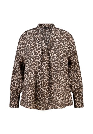 Damesblouse met lange mouwen en een bruine en zwarte luipaardprint, voorzien van een gestrikte halslijn en manchetten met knopen.