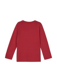 Rotes Langarm-T-Shirt aus weichem Stoff. Mit rundem Halsausschnitt und geradem Schnitt. Nahtdetails entlang der Ärmel und am Saum.