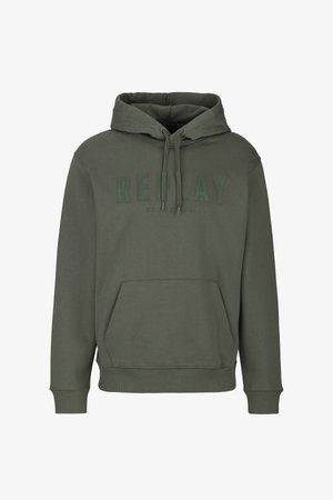 Olive green hoodie made of cotton blend, featuring a front kangaroo pocket, drawstring hood, and printed "REPLAY" logo on the chest.