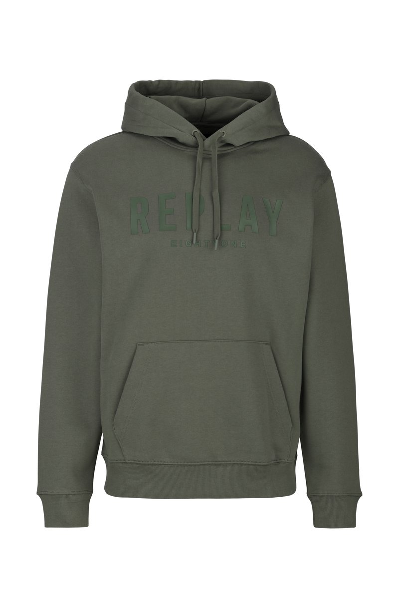 Olijfgroene hoodie gemaakt van een katoenmix, met een voorste kangoeroezak, een capuchon met trekkoord en een gedrukt "REPLAY" logo op de borst.