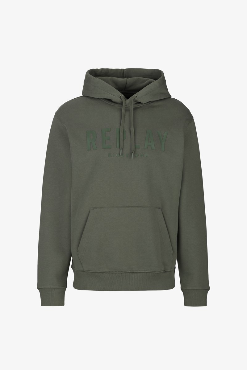 Olijfgroene hoodie gemaakt van een katoenmix, met een voorste kangoeroezak, een capuchon met trekkoord en een gedrukt "REPLAY" logo op de borst.