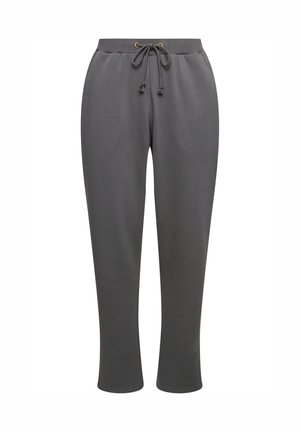 Pantaloni della tuta grigi con cintura elastica e coulisse regolabile. Design a vita media, gambe affusolate e texture del tessuto liscia.
