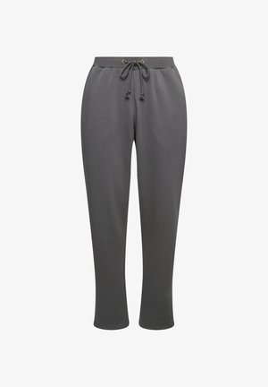 Pantaloni della tuta grigi con cintura elastica e coulisse regolabile. Design a vita media, gambe affusolate e texture del tessuto liscia.