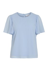 Blusa azzurro chiaro con maniche corte a volant, scollatura rotonda e chiusura a bottoni con occhio di serratura sul retro. Tessuto liscio e leggero.